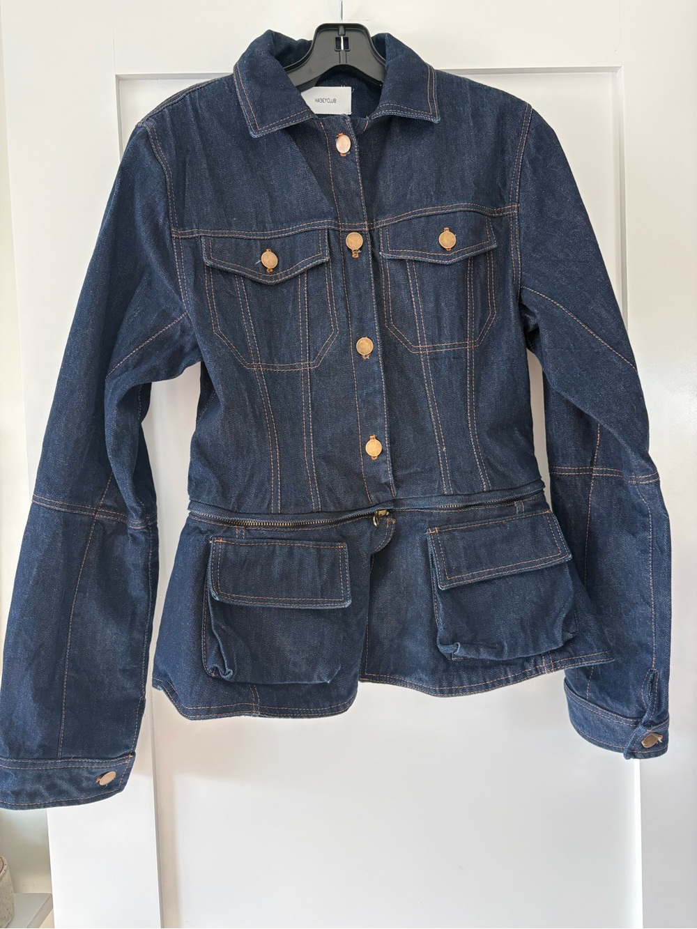 Habey Club handmade dark denim jacket, with removable peplum. Size XS.